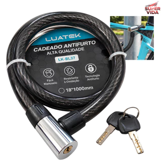 Cadeado para Bicicleta Cabo de Aço Antifurto 1m 18mm com 2 Chaves Revestido Flexível LUATEK