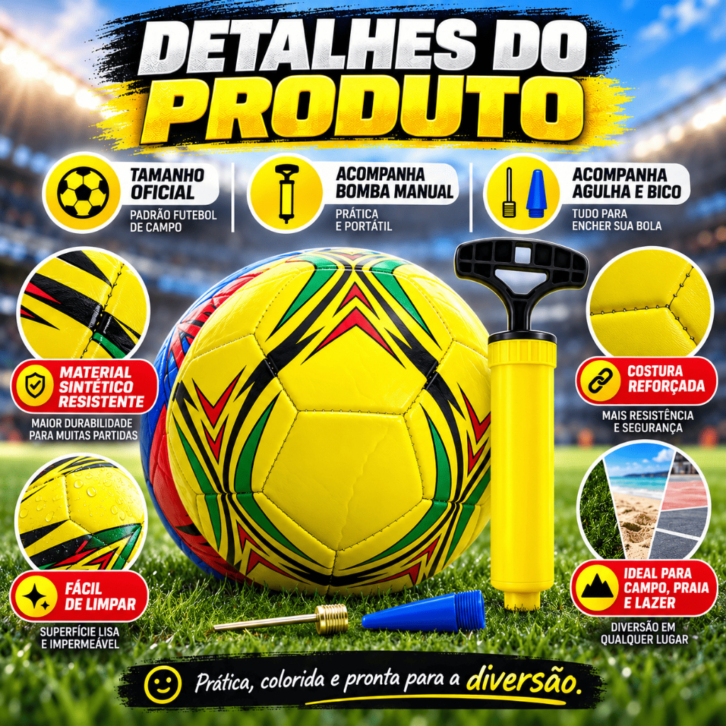 Bola de Futebol Campo Infantil com Bomba de Encher Agulha Kit Esportivo 7 Cores