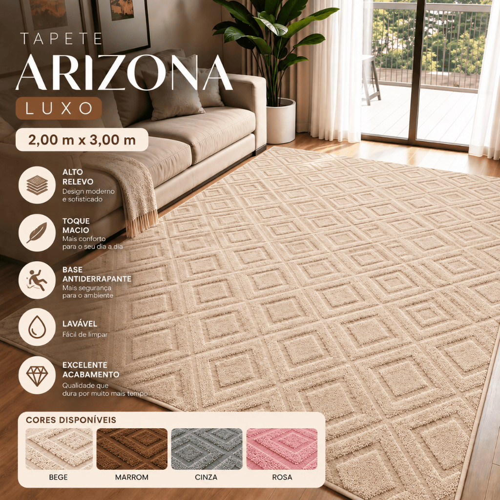 Tapete Arizona Luxo 2x3m Alto Relevo Geométrico Premium Antiderrapante ...
