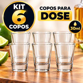 Kit 6 Copos Shot 30ml Vidro Transparente Dose Cachaça Tequila Vodka Whisky Pinga Licor Drinks