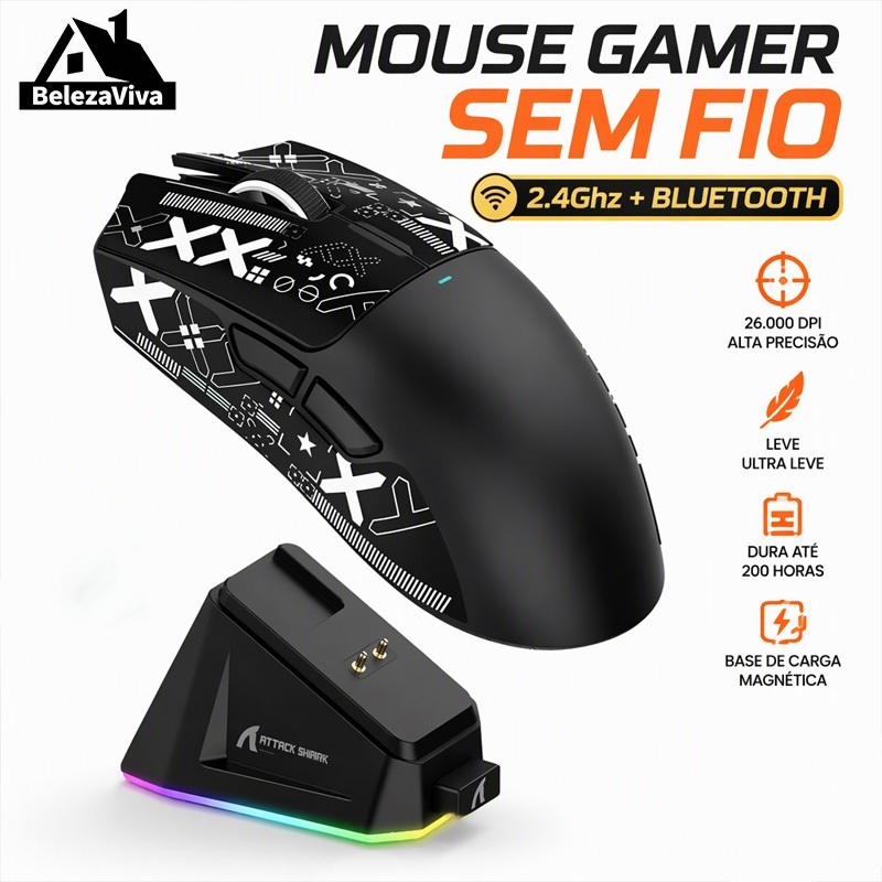 Mouse Gamer Sem Fio com RGB e 22000 DPI Modo Triplo para PC e Notebook ...