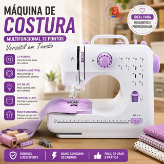 Mini Máquina de Costura Multifuncional Doméstica Composta de 12 Pontos - Bivolt