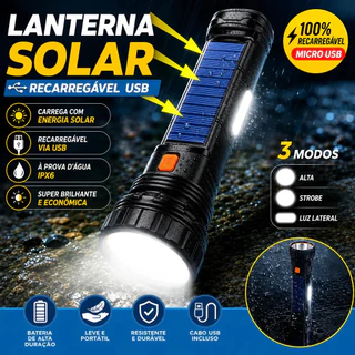 Lanterna LED Solar Multifuncional Recarregável USB, Super Brilhante COB, À Prova D'água, Power Bank para Emergência e Ou
