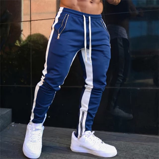 Calça Jogger Masculina Modelagem Slim Faixa Lateral Alonga Pernas Zíperes Detalhados Estilo Moderno para Academia e Rua