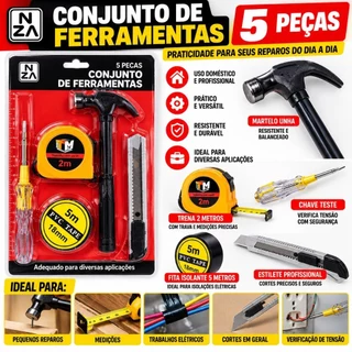 Kit Ferramentas 5 Peças NZA Martelo Trena 2m Estilete Chave Teste Fita Isolante