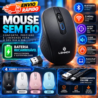 Mouse Sem fio 2.4G/BT Wireless Com Bateria Recarregável Tipo-C Silencioso Bluetooth Home Office