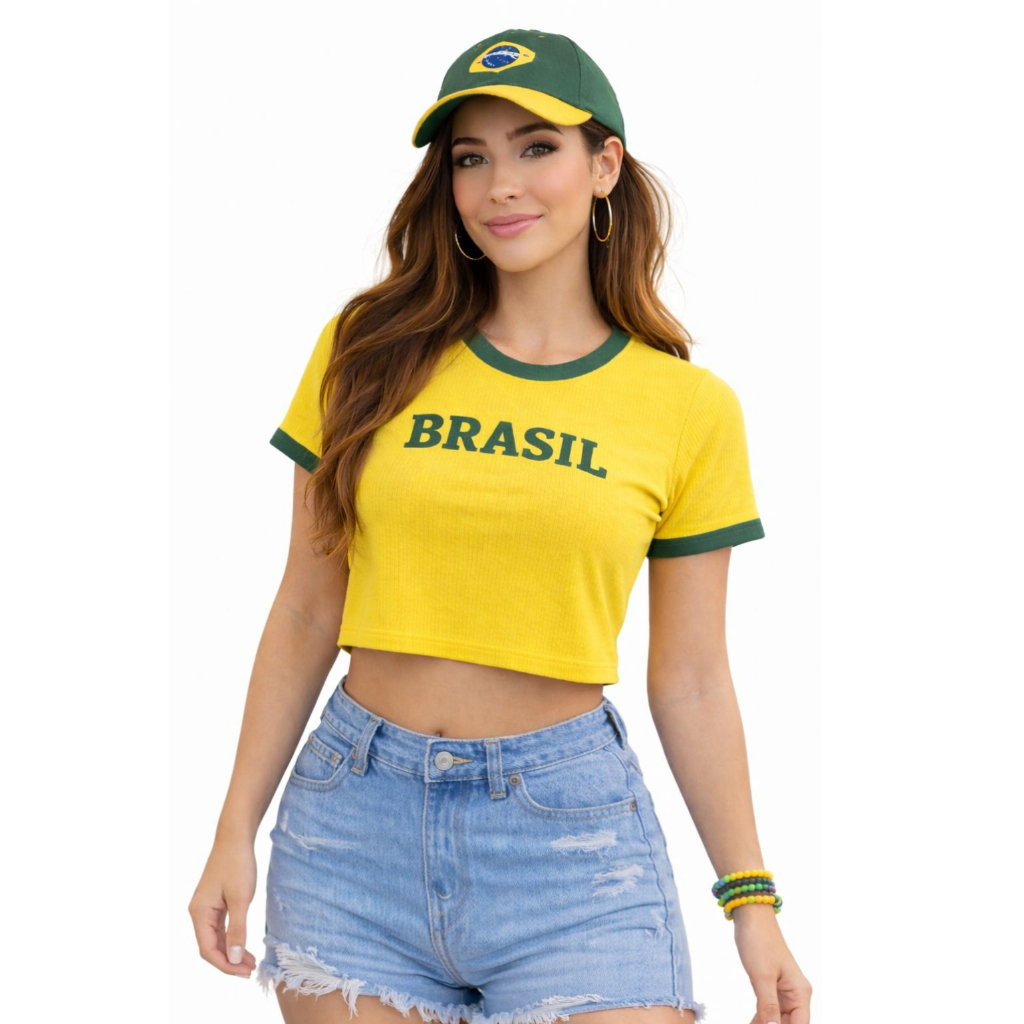 Cropped Brasil Feminino Baby Look Verde Amarelo Copa 2026 Blusa Ribana Manga Curta Verão Moda Blogueira em Oferta na Shopee