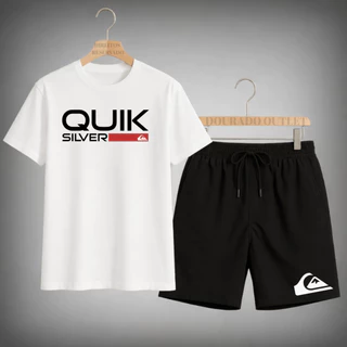 Kit Camisa Masculina e Short Estampada Quiksilver Tagline Streewear Sk8 Surf Adventure Algodão Conforto