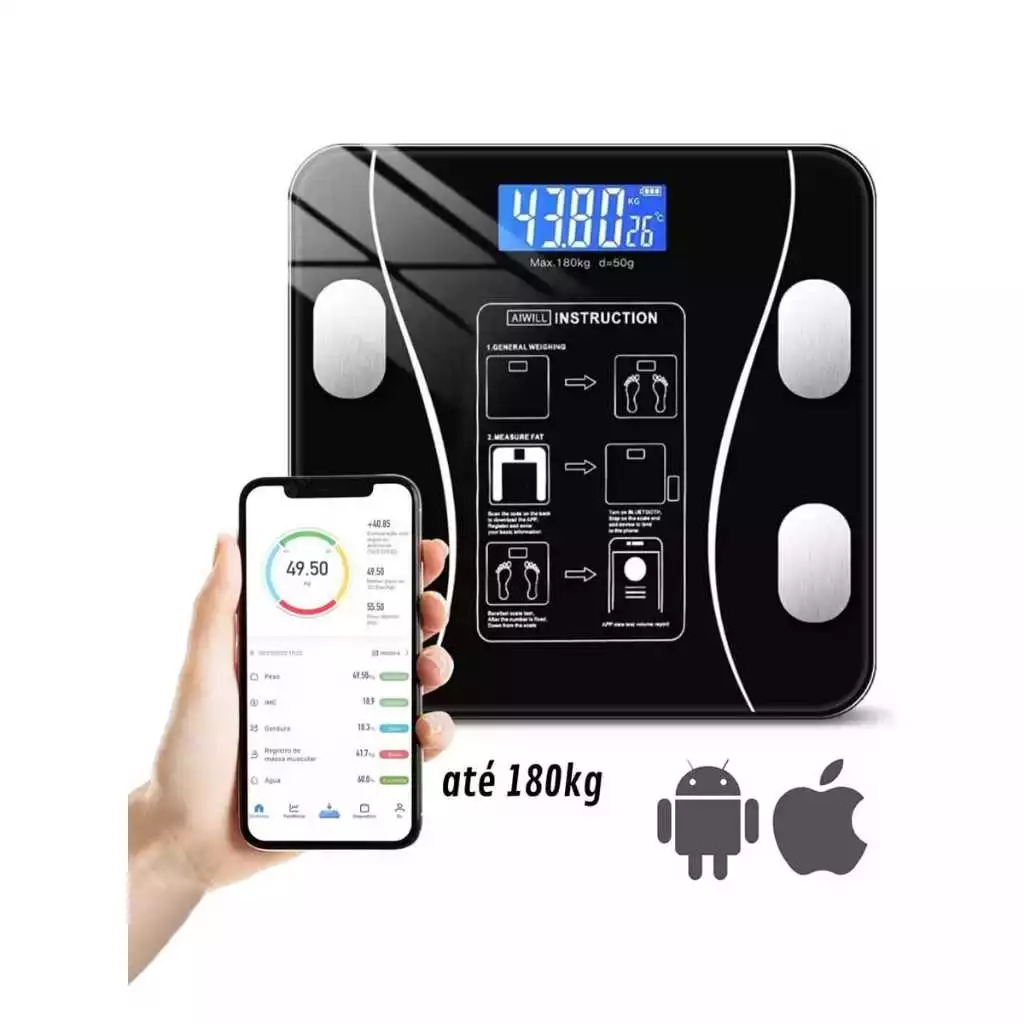 Balança Digital Medidora Corporal Bioimpedância até 180kg Monitoramento ...