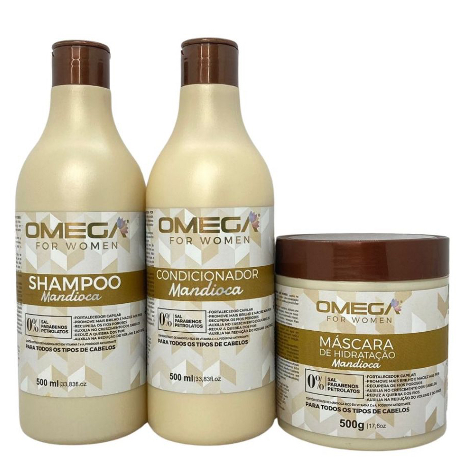 Kit Capilar MANDIOCA Shampoo Condicionador e Máscara 500g Omega