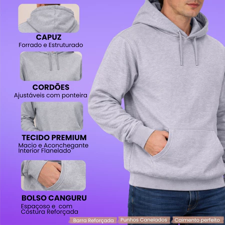 Infográfico demonstrativo destacando o capuz forrado, cordões ajustáveis, tecido flanelado e bolso canguru da blusa de moletom