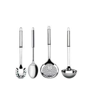 Jogo 4 Utensílios de Cozinha  Peças 100% Aço Inox Concha, Escumadeira, Colher e  Pegador de massa