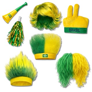 Kit Torcida Brasil Copa Peruca Brasil Chapéu Mãozinha Pom Pom Verde Amarelo Festa Futebol em Oferta na Shopee