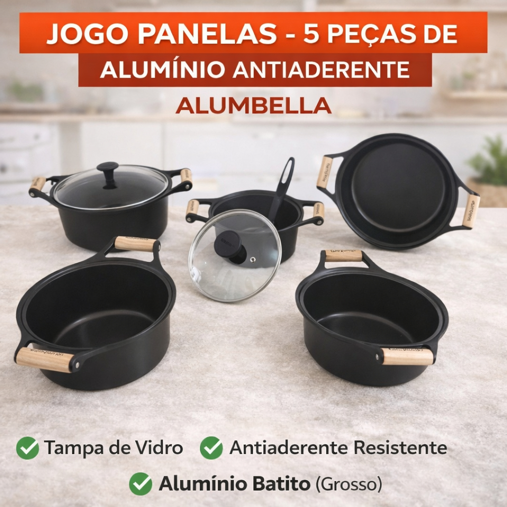 Jogo Panelas 5 Peças Aluminio Antiaderente Tampa Vidro Fusion Magnum PRO Alumbella