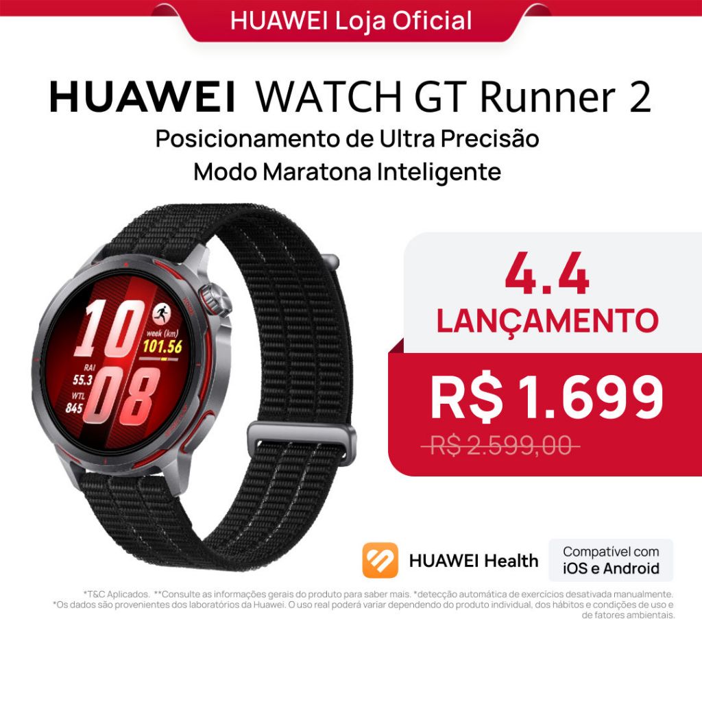 HUAWEI WATCH GT Runner 2 | Smartwatch Relogio | Modo Maratona Inteligente | Análise de ECG | GPS