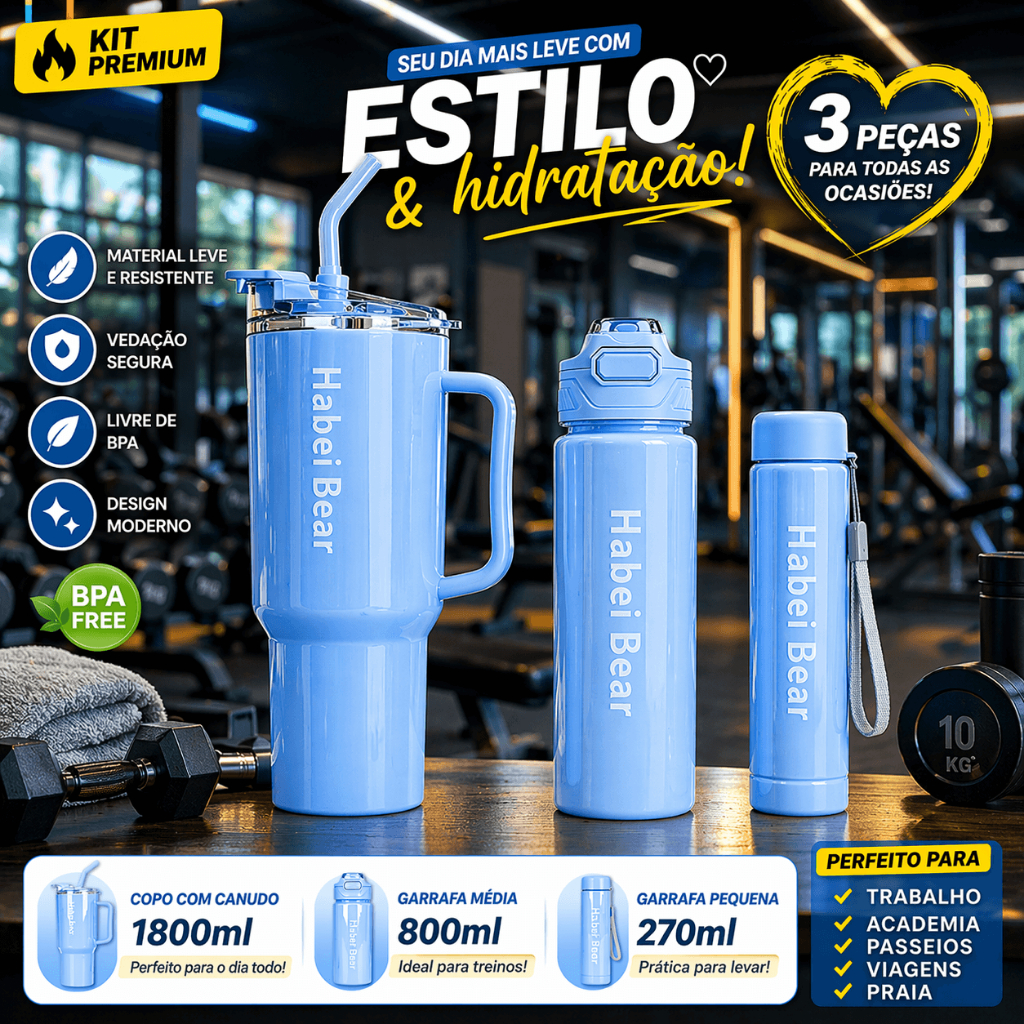 Kit Garrafa + Copo 3 em 1 1800ml 800ml 270ml Com Canudo Academia