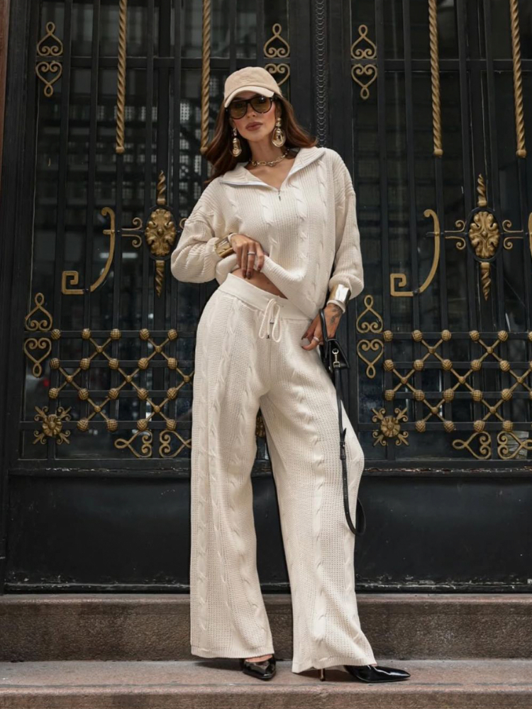 Conjunto Tricot Feminino Jaqueta Meio Zíper Manga Bufante Calça