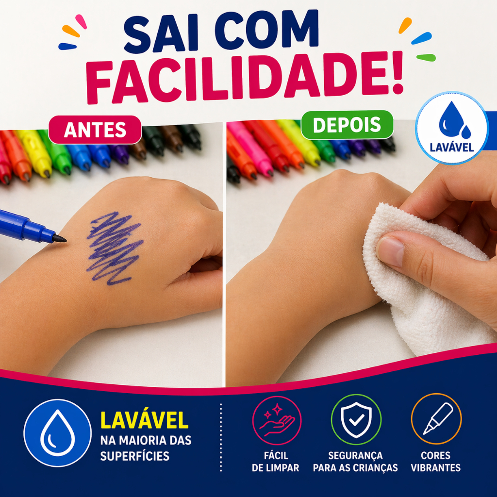 Kit 12 Pacotes Canetinha Hidrocor 12 Cores Lavável Atóxica Ponta