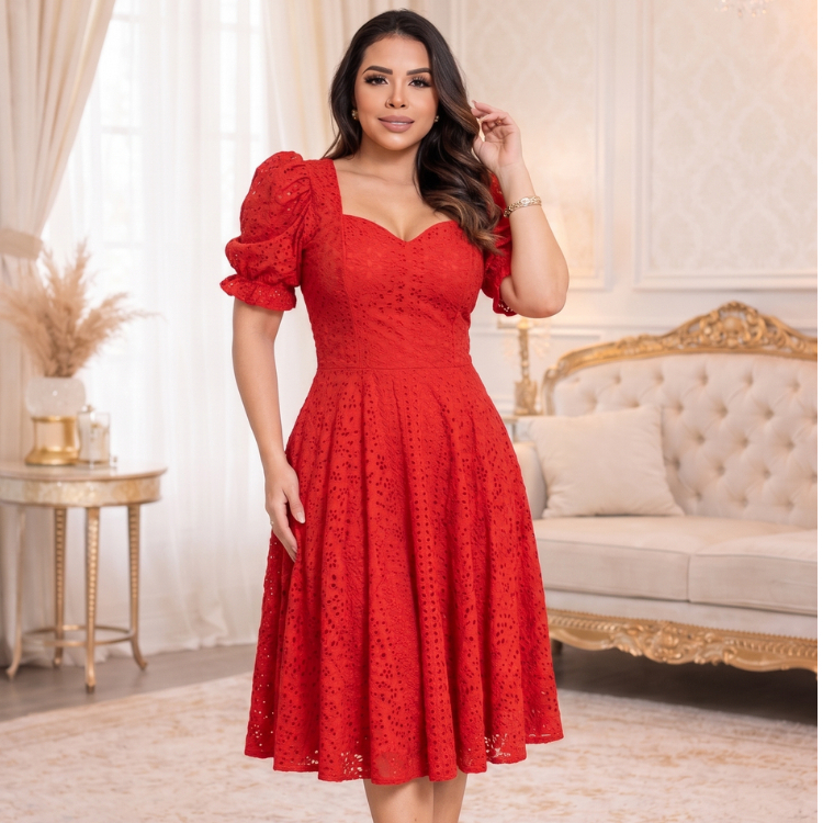 red dress shopee Red Sleeveless Knee-length Dress With Flared Skirt