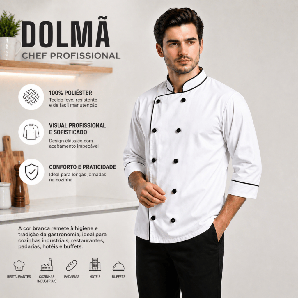 Dolma Chef De Cozinha uniforme gastronomia Branca Com Detalh