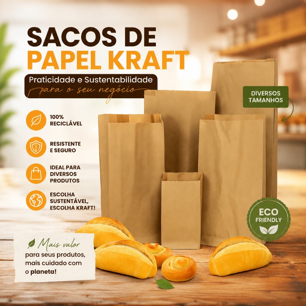 Saco Kraft Pão Mix Papel Pardo Liso 500Un Padaria Hamburguer