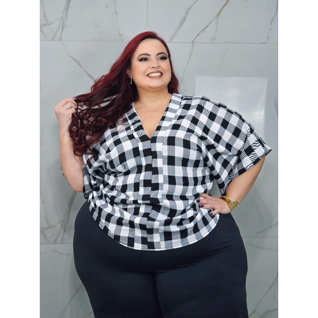 BLUSA FEMININA PLUS SIZE XADREZ MANGA MORCEGO | Shopee Brasil