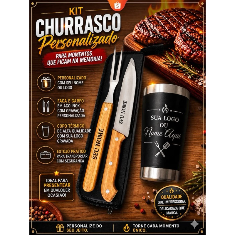 Kit churrasco Premium 3 em 1 Personalizado + copo térmico 473ml, personalizado com seu nome e logo