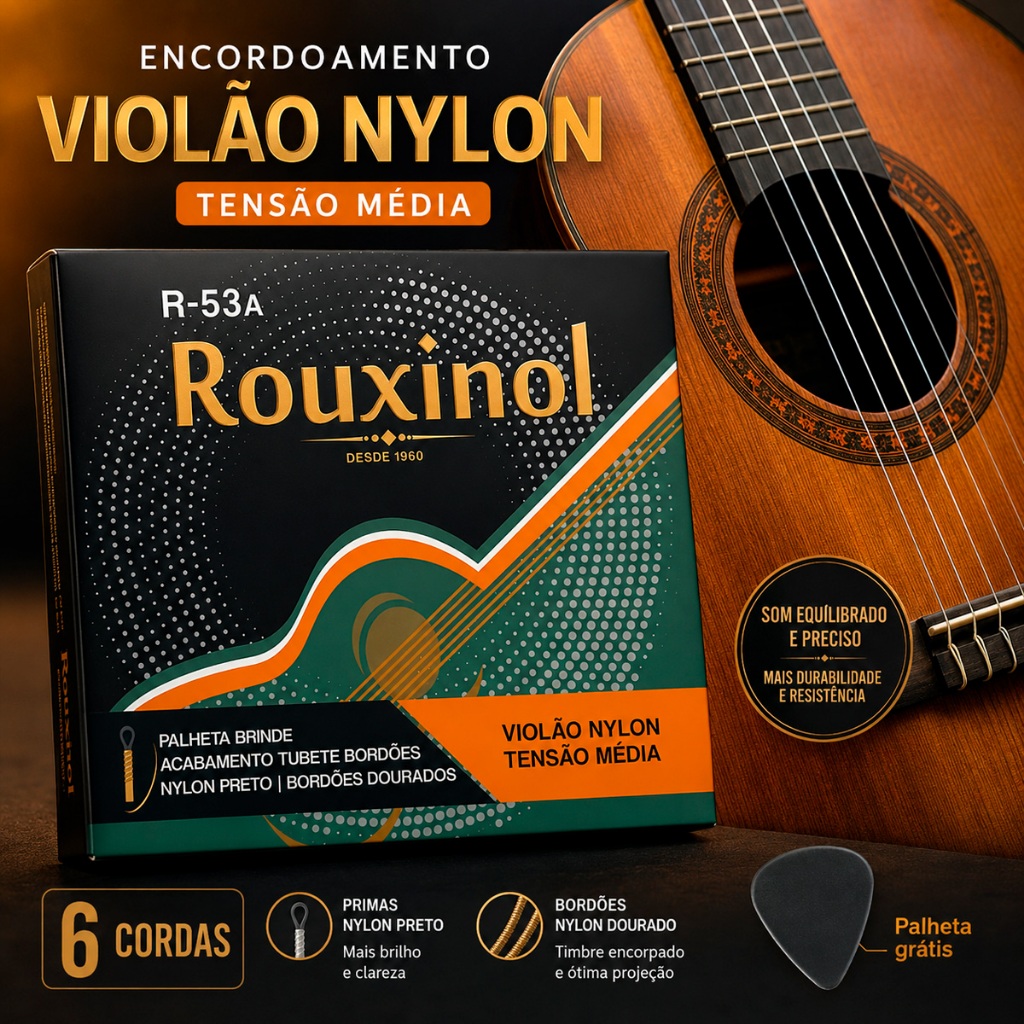 Jogo Cordas Rouxinol Encordoamento Nylon/Preto Violão R53A