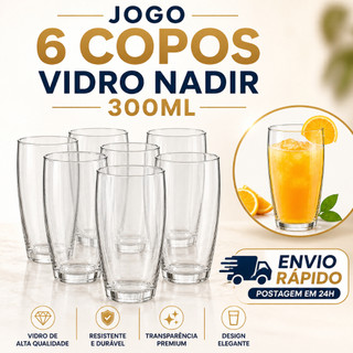 Jogo 6 Copos de Vidro Nadir 300ml Oca Long Drink Resistente Envio Imediato