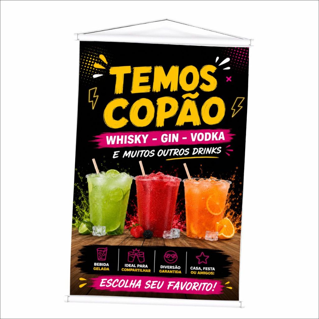 Banner Temos Copão Whisk Gin Vodka muito Drinks produzido em lona. Cartaz Propaganda Divulgação Bar Adega Lanchonete