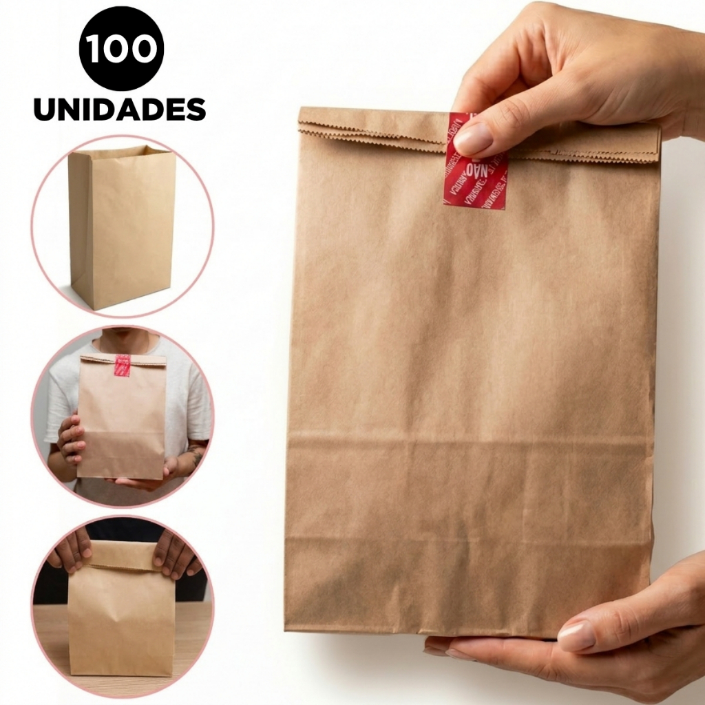 100 Sacos de Papel Kraft 27 x 18 x 9,5 cm Tamanho P Delivery