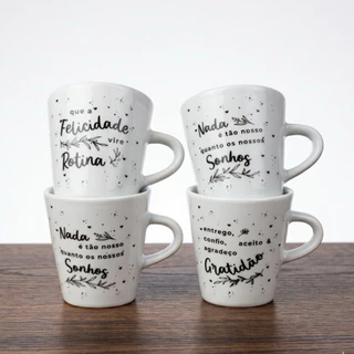 Kit Caneca Felicidade Rotina 120ml Porcelana Xicara Chá Café Presente Inspirador Frases Motivacionais