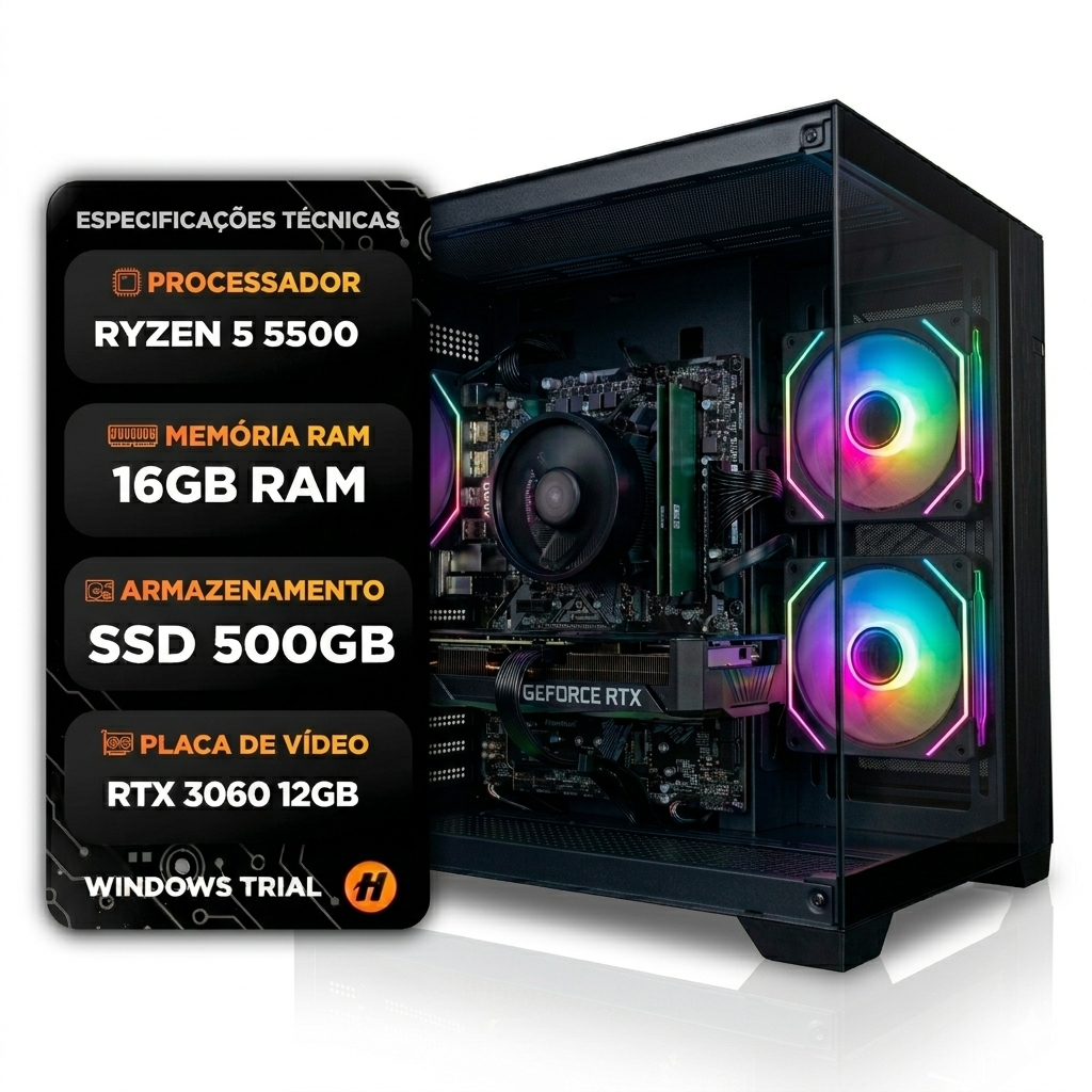 PC GAMER RYZEN 5 5500 32GB RAM DDR4 SSD 500GB RTX 3060 12GB 600W
