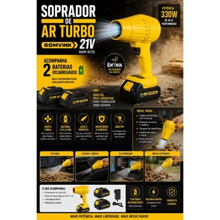 Soprador de Ar Turbo Sem Fio 21V Bomvink BOM-9725 com 2 Baterias Recarregáveis | 330W Alta Potência