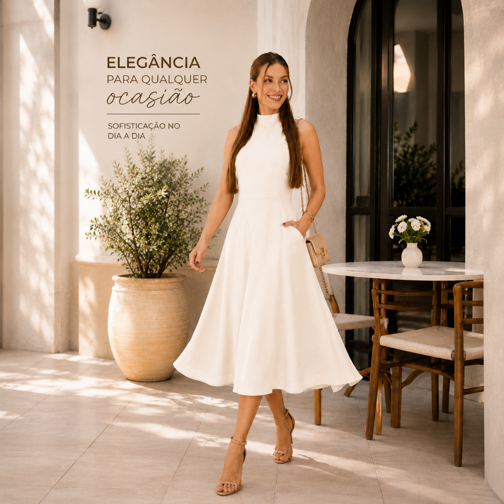 Vestido Feminino Midi Elegante Gola alta Ziper nas Costas Linho Misto
