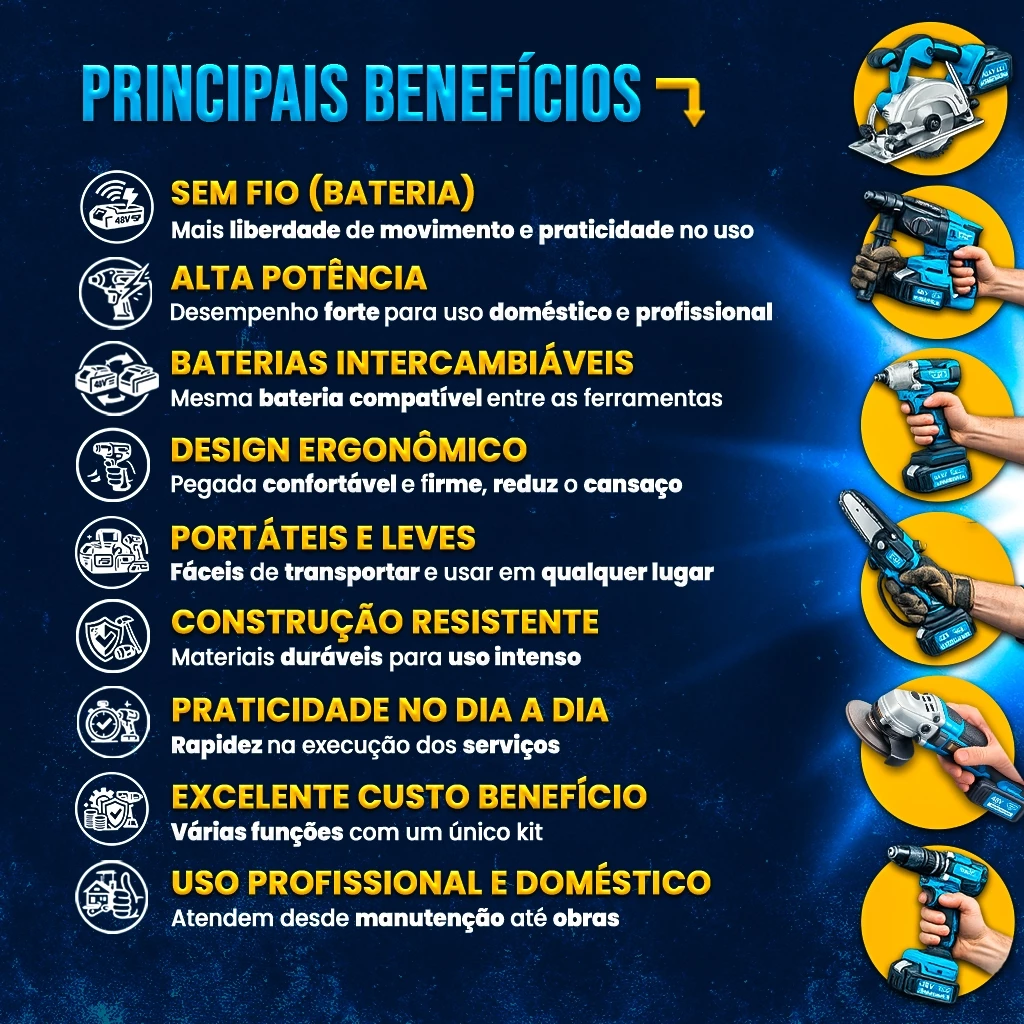 Kit 6 Ferramentas com Furadeira Parafusadeira Martelete Chave de Impacto Esmerilhadeira Serra 48v - Imagem 3