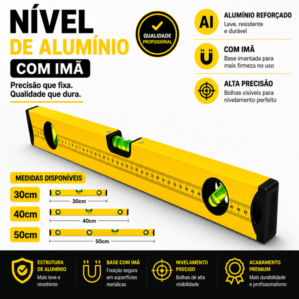 Nível de Alumínio Magnético 30/40/50cm Alta Precisão, Resistência e Desempenho Profissional