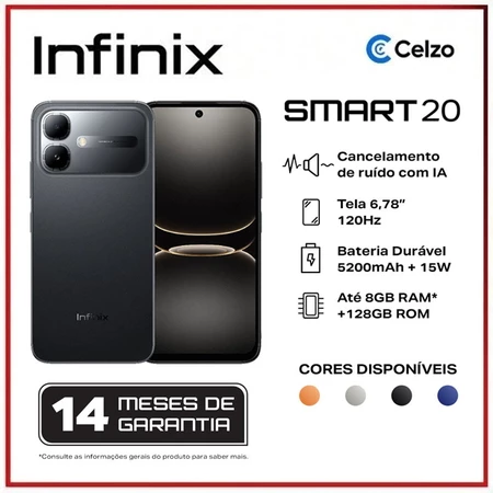 INFINIX SMART 20 4 128 GB 6 78 Bateria 5200 mAh Ultra fino 7 7 mm Câmera 8 MP Preto Sombra