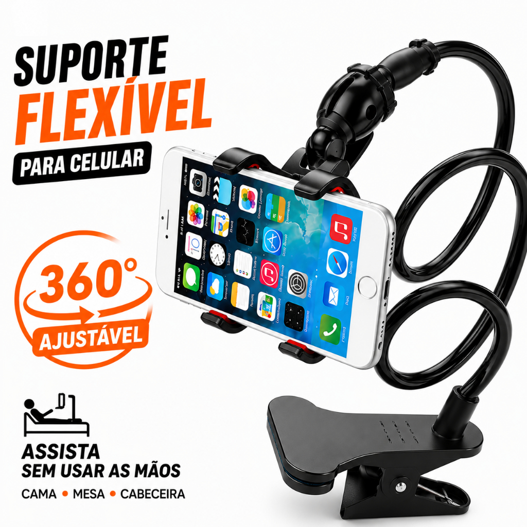 Suporte Celular Articulado Flexível De Mesa Cama Presilha Universal 360° Garra Pescoço Ganso Ajustável