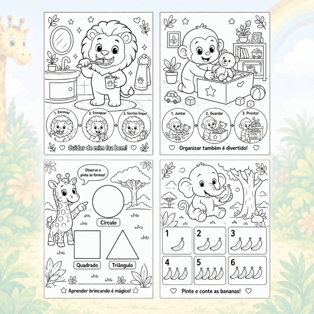 Livro de Colorir Safari Baby para Meninos e Meninas | 50 ou 70 Atividades Educativas Exclusivas
