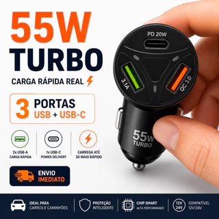 Carregador Veicular 55W Turbo 3 Portas USB + USB-C Carga Rápida iPhone Android