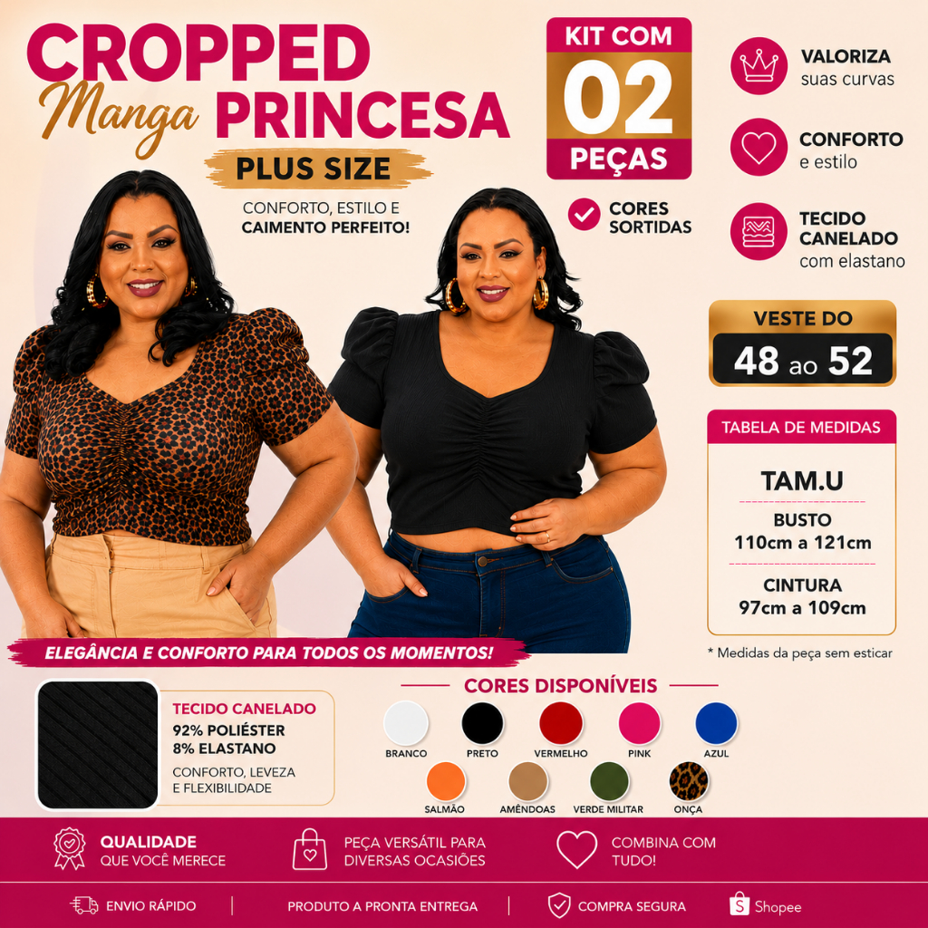 Kit 2 Cropped Manga Princesa Plus Size Reforçado xxg 48/52 | Shopee Brasil
