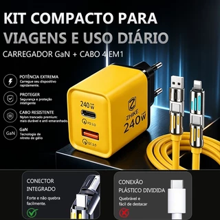 Cabo Carregador Carregamento Rápido Redondo 4 em 1 USB Tipo C iP Com Adaptador GaN de 240 W Silicone 2.0M Cabo