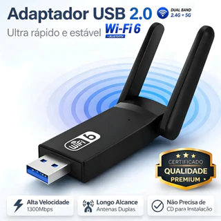 Adaptador USB Wi-Fi 6 Dual Band 2.4GHz+5GHz Até 1300Mbps Alta Velocidade para Notebook e Desktop