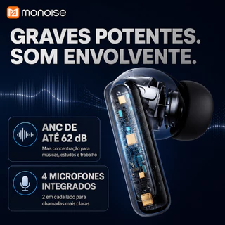 Fone de Ouvido Bluetooth Sem Fio Anti Ruído ANC 62 dB Monoise M11 TWS com 4 Microfones para Chamadas HD e Música Estéreo