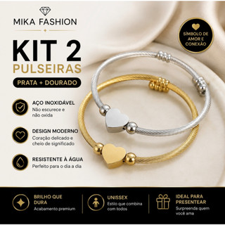 Kit 2 pulseiras de coração trançadas em aço inox