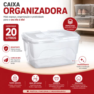 Caixa Organizadora 20L Transparente para Brinquedos Livros Sapatos Tampa Trava