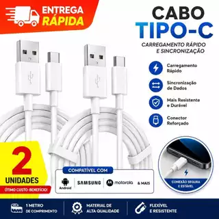 Kit 2 Cabos USB TIPO C Resistente Carregamento Rápido Turbo Qualidade 1 Metro