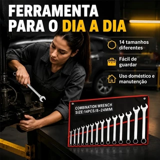 Jogo Chave Combinada Aço vanádio-cromo Resistente 8 - 10 - 12 e 14 Peças Qualidade
