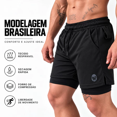 Kit 2 Bermudas Masculinas Kong 2 em 1 para Academia Treino Compressão